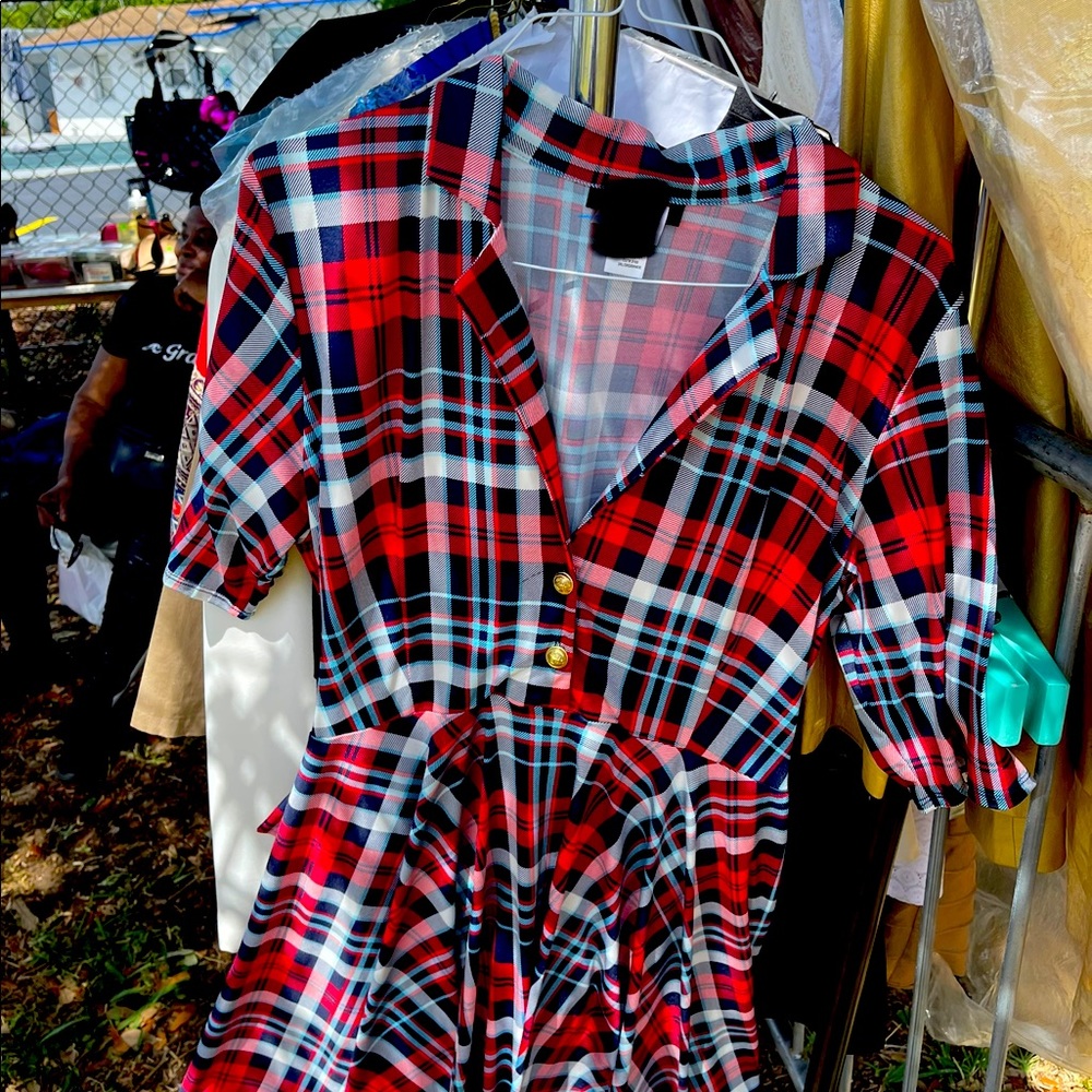 Red, White, & Blue Plaid Skater Dress with Gold Buttons and Belt
